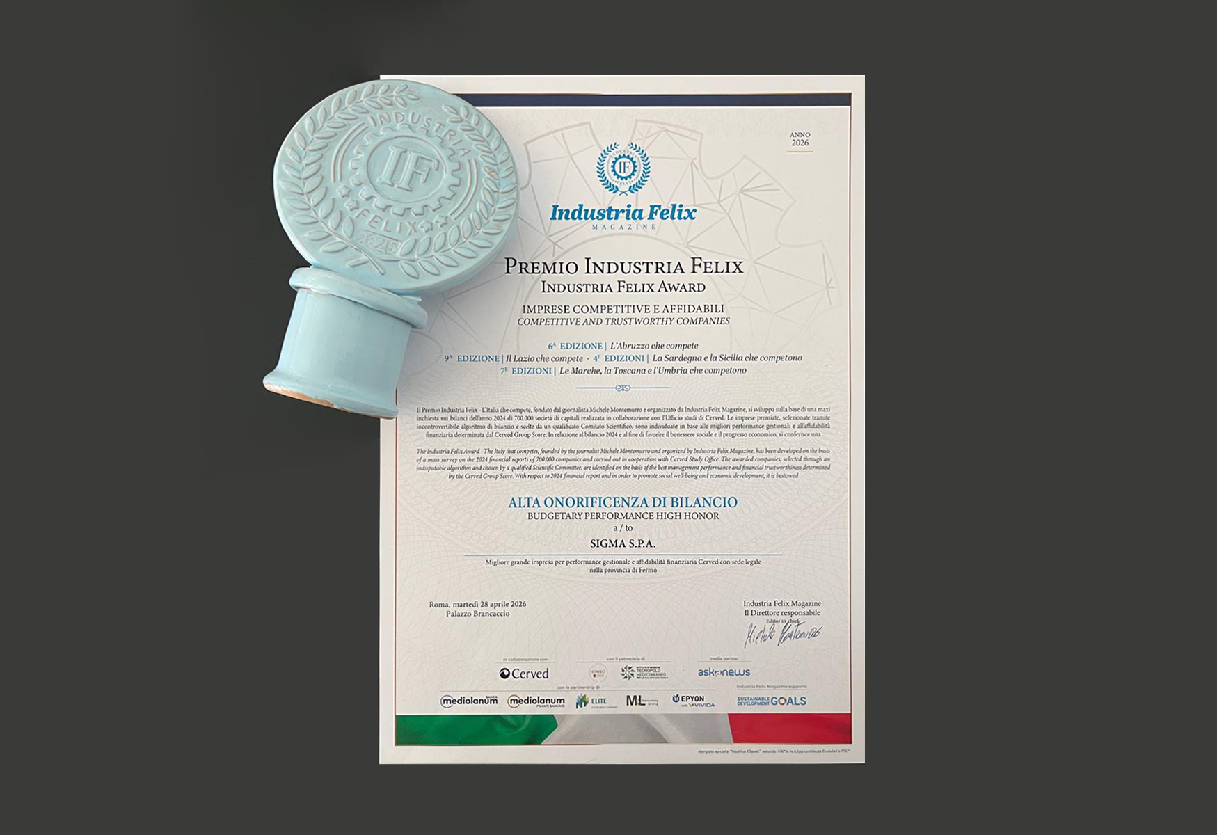 SIGMA riceve l’Alta Onoreficenza di Bilancio al PREMIO INDUSTRIA FELIX 2026